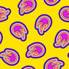 A seamless pattern with groovy hippie fire elements and geometric shapes in bright colors on a yellow background. Great for backgrounds, wrapping paper, and fabric.