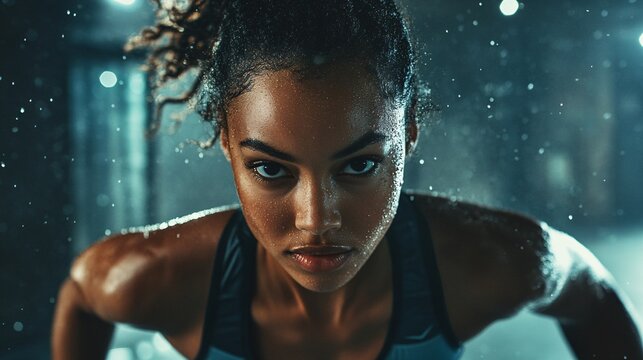 Determined female athlete doing push-ups under water spray in gym - Powered by Adobe