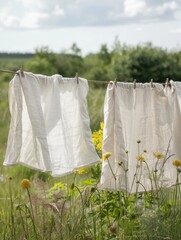 Freshly Washed Linen Draped on a Clothesline in a Sunny Meadow Surrounded by Wildflowers. Generative AI