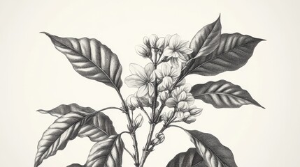 80.A classic botanical illustration of a coffee branch, featuring clusters of coffee beans, large leaves, and delicate white flowers in bloom. The vintage linework highlights each part of the plant,