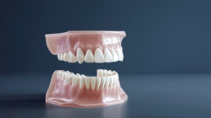 Medical 3D prosthetics concept. Dentures displayed on a simple background, showcasing their realistic design and structure.