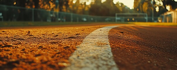 White line dividing the running track in the warm sunlight