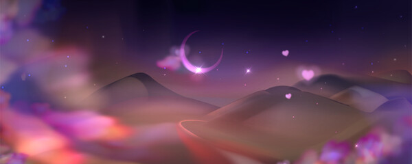Fantastic night landscape with crescent moon and pink clouds. Desert. A beautiful, colorful, and romantic scene of a mountain range with a pink and purple sky is filled with stars