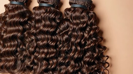 Three long brown hair extensions are shown in a row