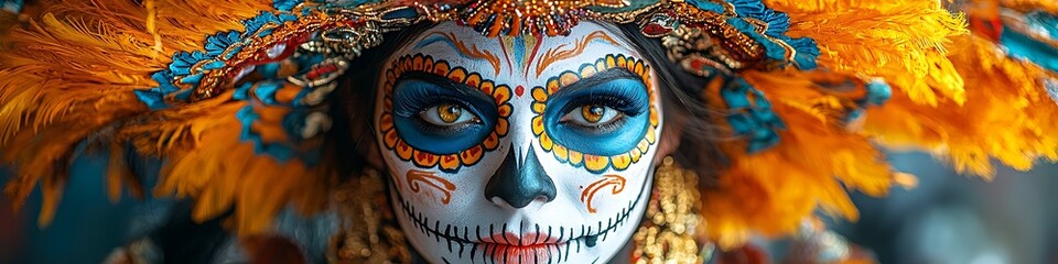Photo of a Day of the Dead street festival with colorful costumes, music, and altars honoring the deceased 