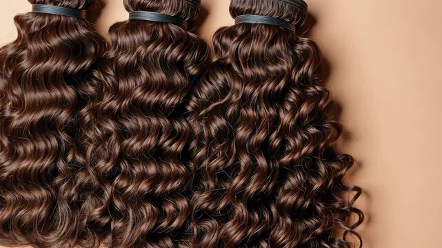 Three long brown hair extensions are shown in a row