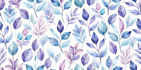 Watercolor Botanical Seamless Pattern with Delicate Blue and Purple Leaves, Perfect for Fabric, Wallpaper, or Stationery Design