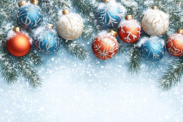 Snowy Christmas Ornaments on Pine Branches