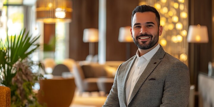 Portrait of a hotel manager standing in a hotel lobby with a welcoming expression