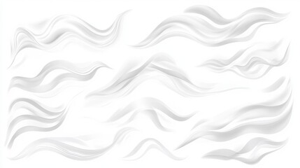 29.A detailed set of wavy white steam icons isolated on a transparent background, depicting hot, curling vapor trails. The steam shapes vary from subtle, fine lines to bold, flowing curves, adding a