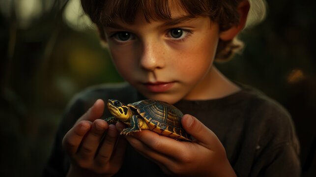 Young boy holding small turtle, wide eyes filled with wonder, capturing curiosity and connection with nature.