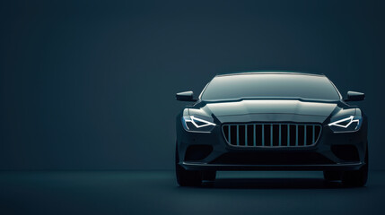 Front view of a modern luxury car with sleek design and clean lines, parked on a dark background....