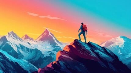 Man with backpack standing on mountain peak at sunset, overlooking a stunning snow-capped mountain range.