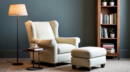 Relaxing Reading Nook: Cream Wingback Armchair with Ottoman