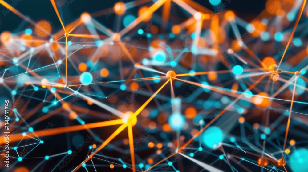 Poster Complex network of interconnected nodes and lines forming a dynamic plexus structure, visualizing big data, information flow, and technological connections in an abstract digital space
