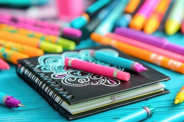 Fototapeta premium Colorful markers and pens scattered around a decorated notebook on a bright wooden surface. Generative AI