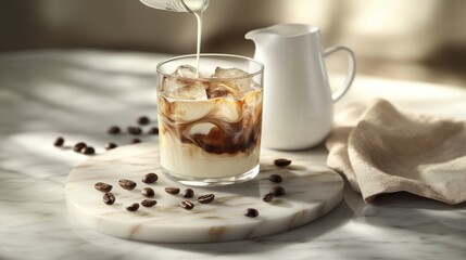 56.A glass of iced coffee placed on a smooth marble board, with milk pouring elegantly from a white jug into the glass. The milk swirls into the coffee, creating a creamy, marbled effect against the