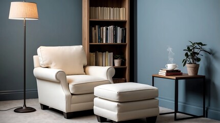 Cozy Reading Nook: Cream Armchair, Bookshelf, and Warm Lighting