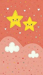 Cute stars in love with clouds on pink background