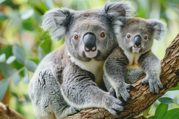 Obraz premium Koala, phascolarctos cinereus, Mother with Young standing on Branch,. 