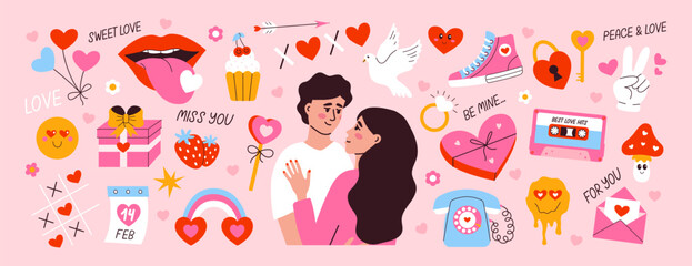 Valentines day elements set. Gifts, hearts, envelopes, candy. Vector illustration in cartoon style. Perfect for stickers and greeting cards and posters
