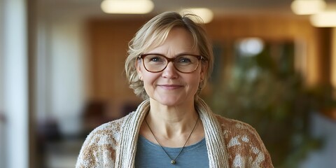 Substance abuse therapist standing warmly in a recovery center, smiling in portrait shot