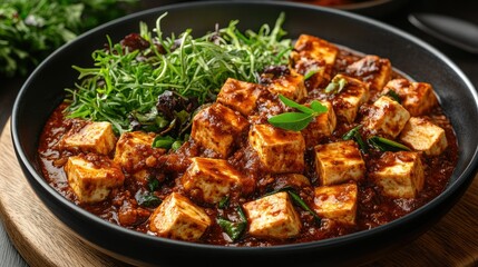 Fototapeta premium Spicy tofu cubes in savory sauce with fresh greens, served in a dark bowl.