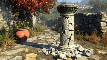 Fototapeta premium Ancient stone pathway with broken column, terracotta pot, autumn foliage, and stone ruins.