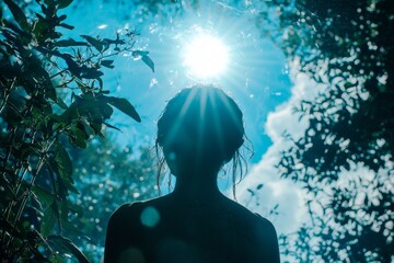A blue sky dotted with clouds and reflecting the sun, while the sun gleams brightly.