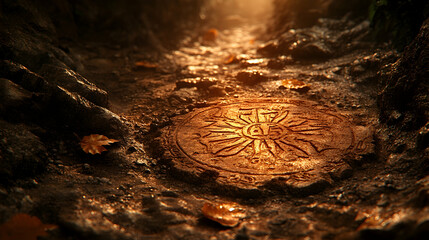 Ancient symbol on a stone surface in a forest.