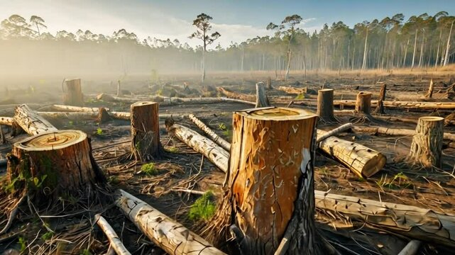 a deforested area with tree stumps a once dense forest now barren tree stumps scattered across the landscape