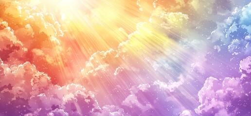 A brilliant, colorful evening sky filled with clouds and sunbeams, serving as a natural background and texture.