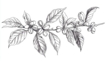 79.A refined line drawing of a coffee branch showcasing mature coffee beans, broad leaves, and blossoming flowers. Each element is rendered in a hand-drawn, vintage style with fine lines and shading