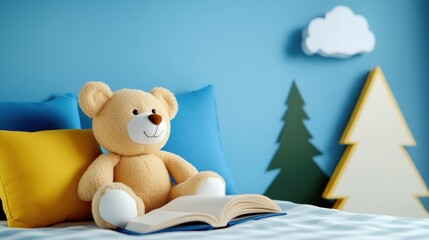 Cozy Teddy Bear on Bed with Book in Colorful Children's Room