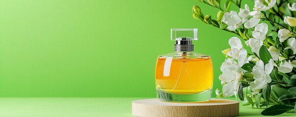 Elegant perfume bottle surrounded by white flowers green background product photography nature close-up freshness