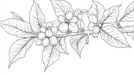 79.A refined line drawing of a coffee branch showcasing mature coffee beans, broad leaves, and blossoming flowers. Each element is rendered in a hand-drawn, vintage style with fine lines and shading