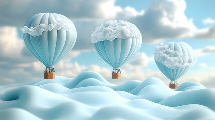 Obraz premium Hot air balloons floating above soft, wavy clouds.