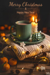 Green mug of hot chocolate resting on a plate with tangerines, surrounded by lit candles, warm sweaters, pine cones, and the soft glow of christmas lights, creating a cozy atmosphere, greeting card