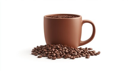 Fototapeta premium 18.A simple arrangement of a coffee mug filled with dark coffee, paired with ground coffee beans on a bright white background. The beans have a deep brown color, and the mugâ€™s shadow adds depth,