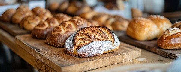 Freshly baked bread displayed on wooden boards in bakery