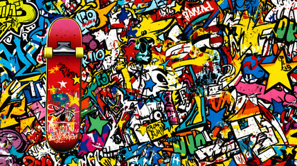 Fototapeta premium Vibrant skateboard graphic design on a colorful graffiti backdrop. Perfect for streetwear, skateboarding, and urban themes.
