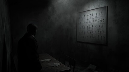 A man in a suit sits in a dark room, gazing at a framed poster with sketches of human figures. The room's atmosphere is eerie and mysterious.