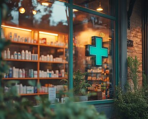 Green cross sign on medical store window, shelves with health and pharmacy products in the background, vibrant signage, modern and professional exterior, welcoming atmosphere