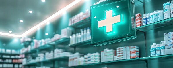 Green cross sign on pharmacy window, shelves stocked with medical products, bright and inviting atmosphere, modern pharmacy store design, clean professional exterior