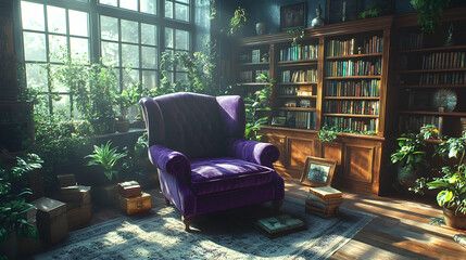 Cozy reading nook surrounded by lush greenery.