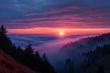 Obraz premium Lovely dawn. Magnificent sky with the sun nestled among the clouds.