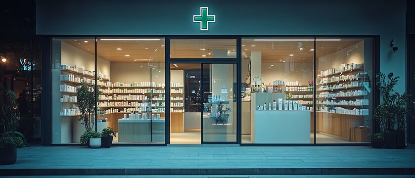 Pharmacy storefront with green cross sign on window, shelves of medical products visible inside, bright inviting atmosphere, professional chemist signage, modern clean design