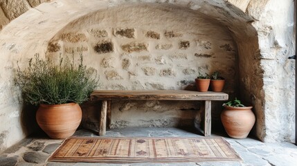 Cozy wabi-sabi nook with a curved stone wall, a reclaimed wooden table, and simple handmade clay pots