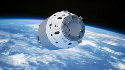 Cargo spacecraft slowly approaching a large space station, symbolizing the advancement and collaboration in space exploration.