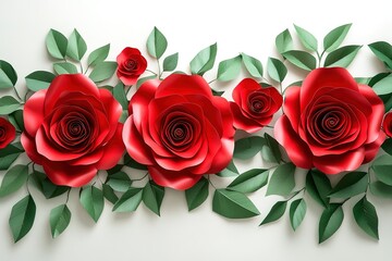 Obraz premium Beautiful paper roses and leaves arrangement on white background